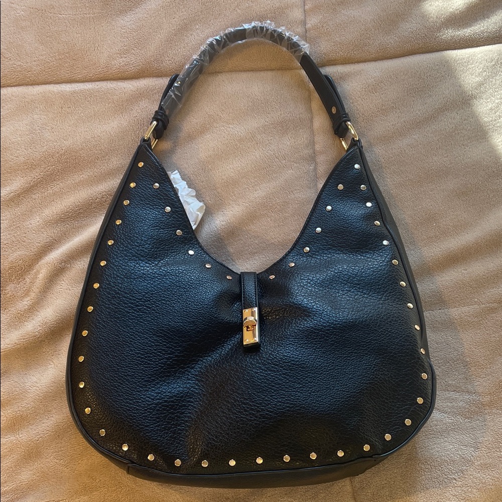Vici Black Leather Hobo Bag with Gold Accents